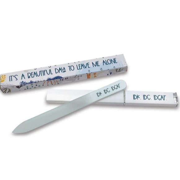 IDK. IDC. IDGAF GLASS NAIL FILE with Hard Case NEW Nailfile Funny Humorous Gift - Picture 1 of 3